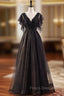 A-Line Black Tulle Sequins V-neck Beading Formal Prom Dress