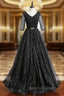 A-Line Black Tulle Sequins V-neck Short Sleeve Formal Prom Dress
