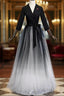 A-Line Black Tulle V-neck Long Sleeve Formal Prom Dress