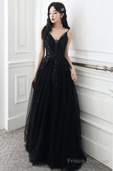 A-Line Black Tulle V-Neckline Straps Long Party Dress, Black Tulle Prom Dress