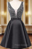 A-Line Black V-neck Backless Satin Beading Sequins Homecoming Dress