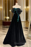A-line Black Velvet and Tulle Off Shoulder Party Dress, Black Long Formal Prom Dress