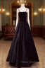 A-Line Black Velvet Floor-Length Formal Prom Dress, Pearls Spaghetti Straps Long Party Dress