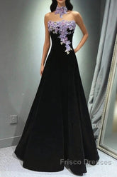 A-Line Black Velvet Long Party Dress With Lace Applique, Black Velvet Formal Prom Dress