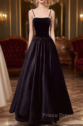 A Line Black Velvet Long Formal Prom Dress Beaded Birthday Party Dress