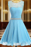 A-line Blue Chiffon Scoop Neck Backless Beading Crystal Homecoming Dress