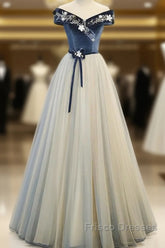 A-Line Blue-Grey Sequins Off Shoulder Long Party Dress Velevet Long Formal Prom Dress