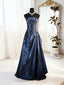 A-Line Blue Satin Beaded Floor Length Prom Dress, Blue Satin Scoop Long Party Dress