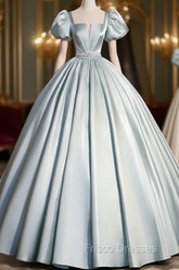 A-Line Blue Satin Long Formal Prom Dress, Blue Long Formal Dress