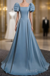 A-Line Blue Satin Short Sleeves Long Party Dress, Blue Short Sleeves Formal Prom Dress