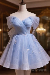A-Line Blue Short Off Shoulder Knee Length Homecoming Dress, Blue Short Formal Prom Dress
