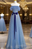 A-Line Blue Simple Off Shoulder Floor Length Formal Prom Dress, Blue Long Party Dress
