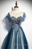 A-line Blue Tulle Long Beaded Formal Prom Dress, A-Line Formal Evening Dress