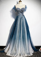 A-line Blue Tulle Long Beaded Formal Prom Dress, A-Line Formal Evening Dress