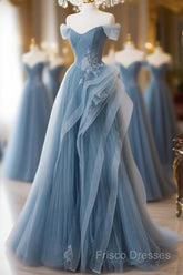 A-Line Blue Tulle Long Party Dress With Lace, Off Shoulder Tulle Formal Prom Dress