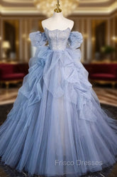 A-line Blue Tulle Long Formal Prom Dress, Blue Long Evening Dress