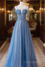 A-Line Blue Tulle Long Formal Prom Dress, Blue Tulle Formal Dress