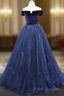 A-Line Blue Tulle Velvet Long Formal Prom Dress, Blue Formal Dress