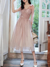 A-Line Bridesmaid Dress V Neck Sleeveless Elegant Tea Length Tulle With Bow(S) / Sequin