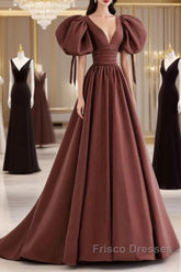 A-Line Brown Satin Ball Gown Short Sleeves Long Party Dress V-Neckline Formal Prom Dress