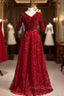 A-Line Burgundy Lace Sequins V-neck Short Sleeve Formal Prom Dress