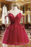 A-Line Burgundy Lace Short Formal Prom Dress, Burgundy Puffy Homecoming Dress