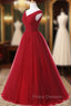 A Line Burgundy Long V-neck Tulle Formal Prom Dress
