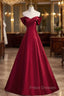A-Line Burgundy Satin Off the Shoulder Pleats Formal Prom Dress
