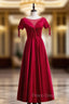 A-Line Burgundy Satin Short Sleeve Beading Formal Prom Dress