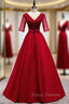 A-Line Burgundy Satin V-neck Short Sleeve Sequins Formal Prom Dress