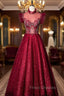 A-Line Burgundy Sequins High Neck Beading Crystal Formal Prom Dress