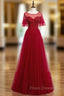 A-Line Burgundy Tulle Beading Sequins Long Formal Prom Dress