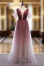 A-Line Burgundy Tulle Deep V-neck Pleats Formal Prom Dress