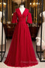 A-Line Burgundy Tulle Deep V-neck Formal Prom Dress