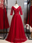 A-Line Burgundy Tulle Lace Appliques Short Sleeve Formal Prom Dress