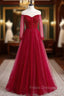 A-Line Burgundy Tulle Long Sleeve Backless Formal Prom Dress With Beading