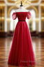 A-Line Burgundy Tulle Puff Sleeve Off the Shoulder Formal Prom Dress