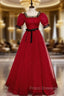 A-Line Burgundy Tulle Puff Sleeve Formal Prom Dress