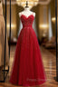A-Line Burgundy Tulle Spaghetti Straps Beading Formal Prom Dress