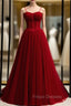 A-Line Burgundy Tulle Spaghetti Straps Pleats Formal Prom Dress