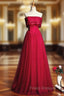 A-Line Burgundy Tulle Strapless Beading Formal Prom Dress