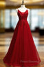 A-Line Burgundy Tulle V-neck Embrodiery Formal Prom Dress