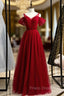 A-Line Burgundy Tulle V-neck Long Formal Prom Dress