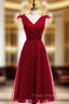 A-line Burgundy Tulle V-neck Pleats Beading Tea Length Formal Prom Dress