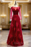 A-Line Burgundy Tulle Velvet Long Sleeve Formal Prom Dress
