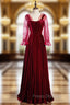 A-Line Burgundy Velvet Square Long Sleeve Wave Point Formal Prom Dress