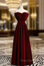A-Line Burgundy Velvet Strapless Long Formal Prom Dress With Bow