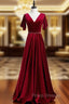 A-Line Burgundy Velvet V-neck Beading Sequins Formal Prom Dress