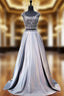 A-line Cap Sleeve Beaded Crystals Grey Backless Two Piece Formal Prom Dress