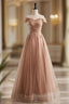 A-Line Champagne Tulle Beading Sequins Formal Prom Dress